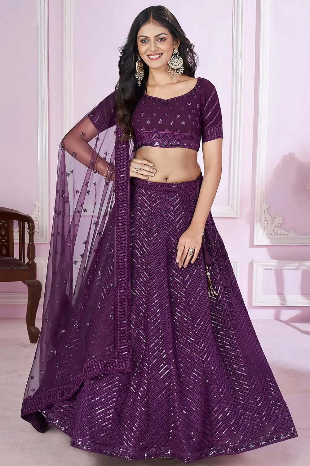 Purple Georgette Lehenga Set | Sequins Thread Zari Work with Soft Net Dupatta – Wedding & Party Wear Purple Georgette Lehenga Set | Sequins Thread Zari Work with Soft Net Dupatta – Wedding & Party Wear
