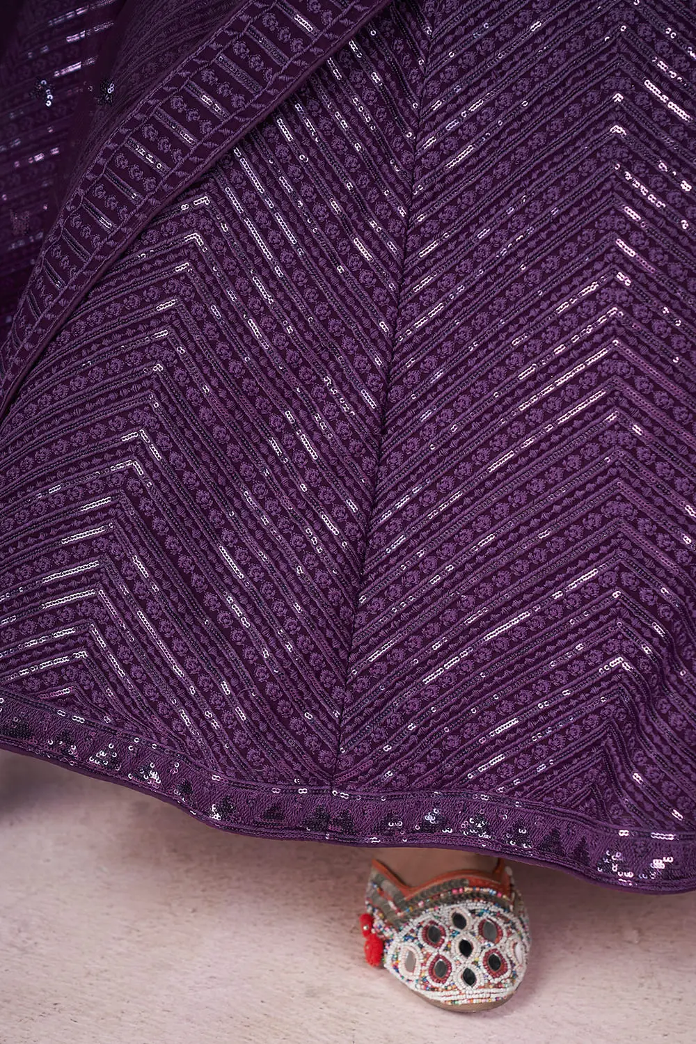 Georgette fabric texture close up of this purple lehenga choli for women ensemble