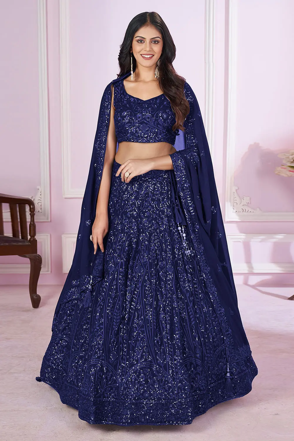 Navy Blue Georgette Lehenga Dress | Sequins Thread Zari Work with Soft Net Dupatta – Wedding & Party Wear Navy Blue Georgette Lehenga Dress | Sequins Thread Zari Work with Soft Net Dupatta – Wedding & Party Wear