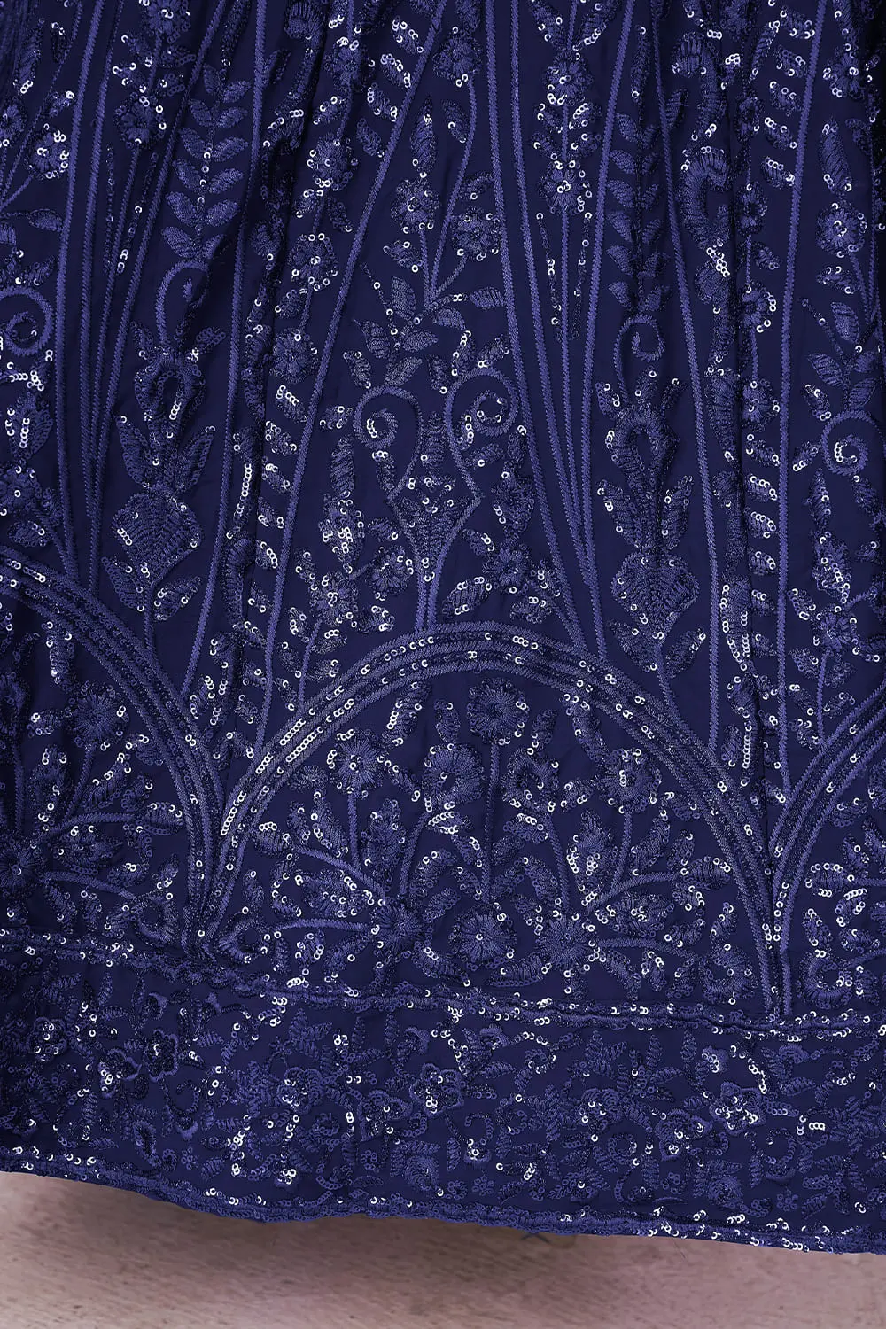 Georgette fabric texture close up of this Navy Blue lehenga dress ensemble