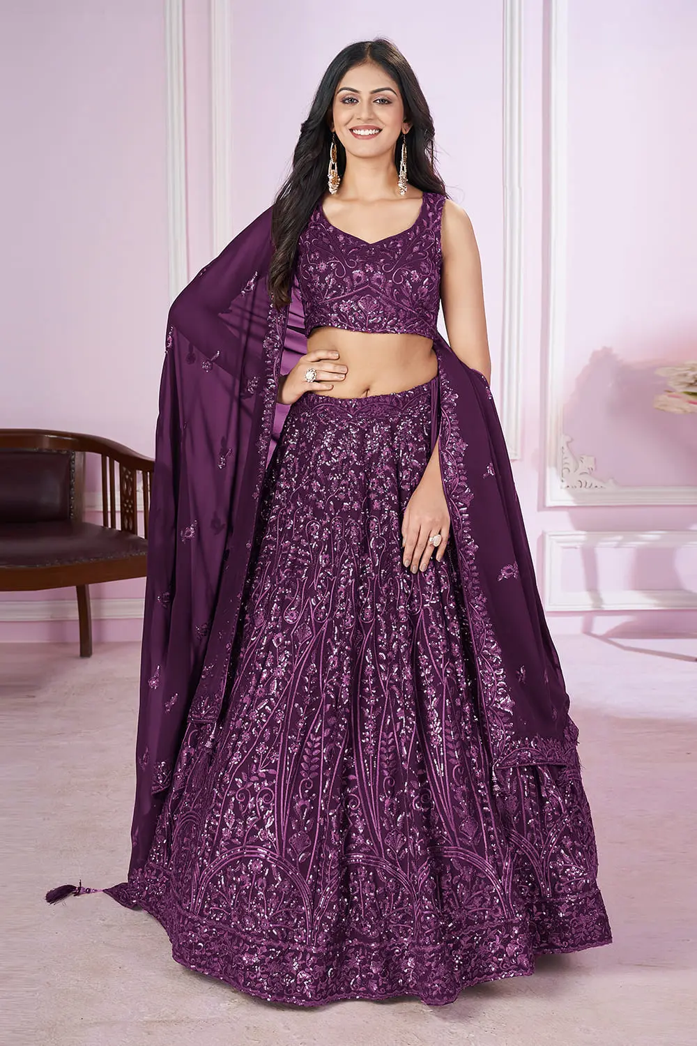 Purple Georgette Lehenga Dress | Sequins Thread Zari Work – Full Georgette Set (Dupatta Included) Purple Georgette Lehenga Dress | Sequins Thread Zari Work – Full Georgette Set (Dupatta Included)