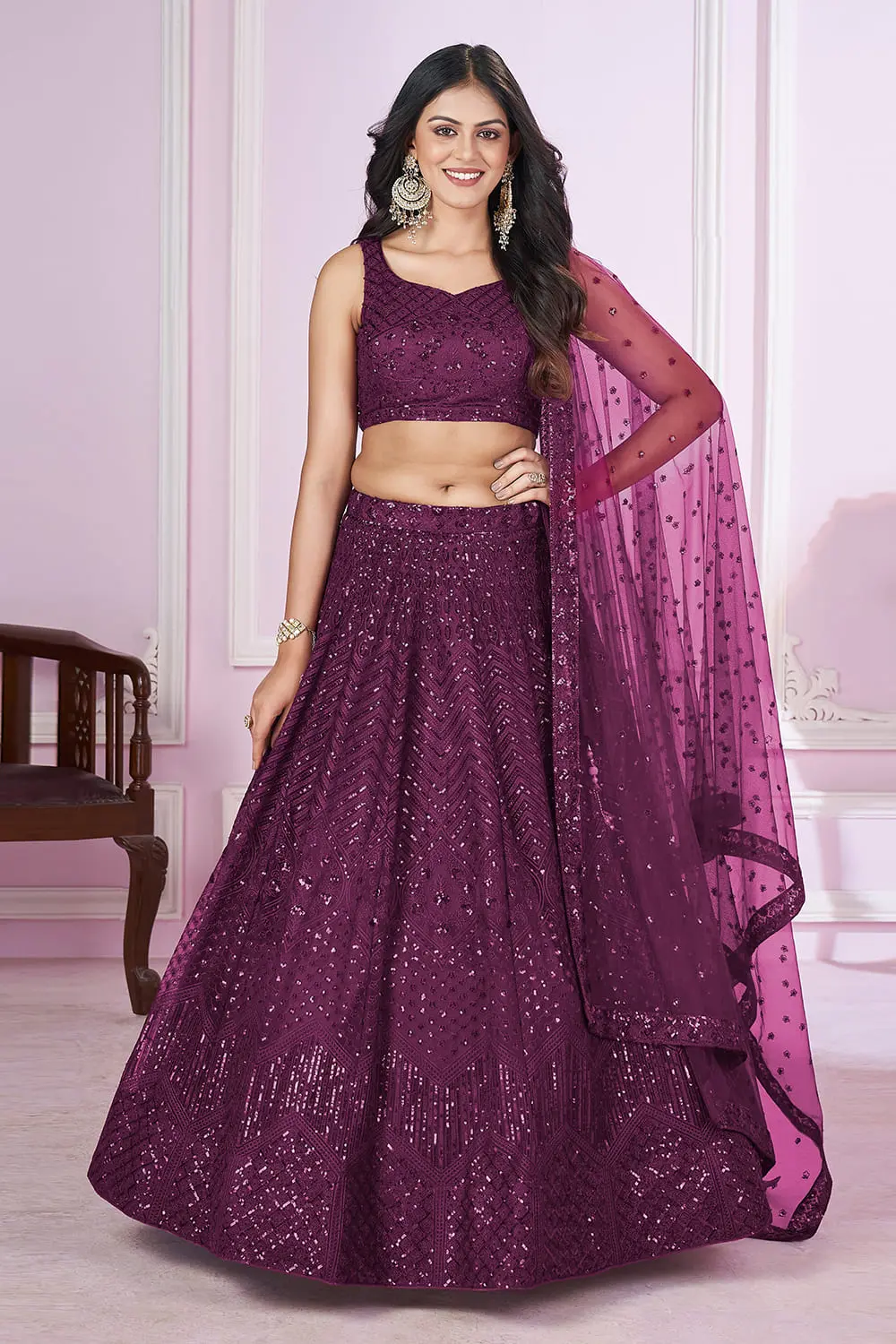 Purple Soft Net Lehenga Set | Sequins Thread Zari Work – Bridal & Cocktail Lehenga with Dupatta Purple Soft Net Lehenga Set | Sequins Thread Zari Work – Bridal & Cocktail Lehenga with Dupatta