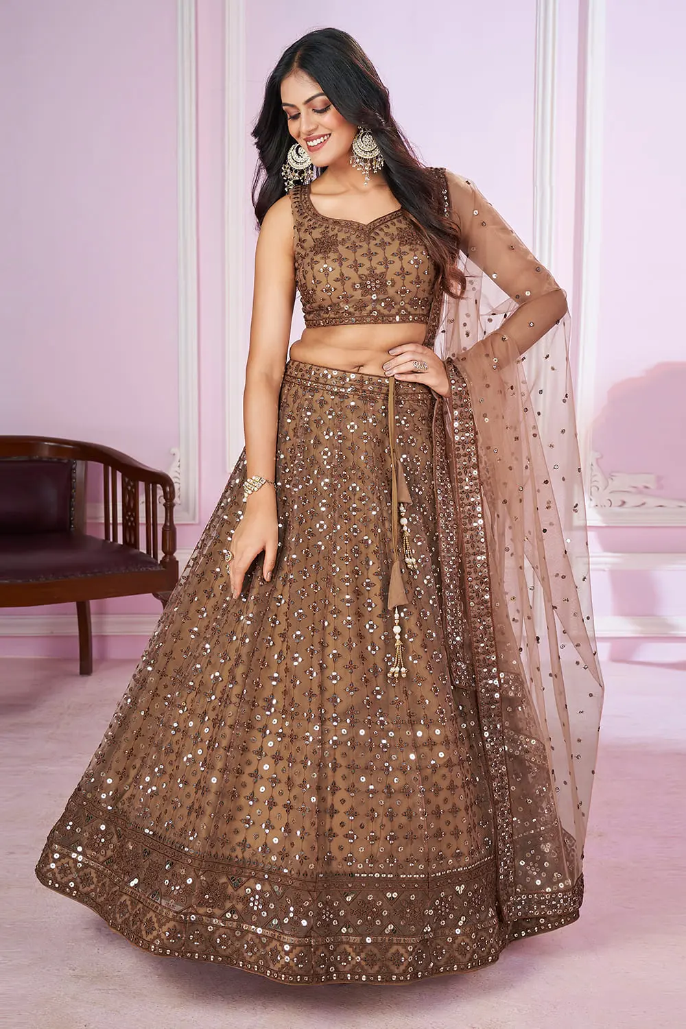 Brown Soft Net Lehenga Set | Sequins Thread Zari Work – Wedding & Party Wear Lehenga Dress with Dupatta Brown Soft Net Lehenga Set | Sequins Thread Zari Work – Wedding & Party Wear Lehenga Dress with Dupatta