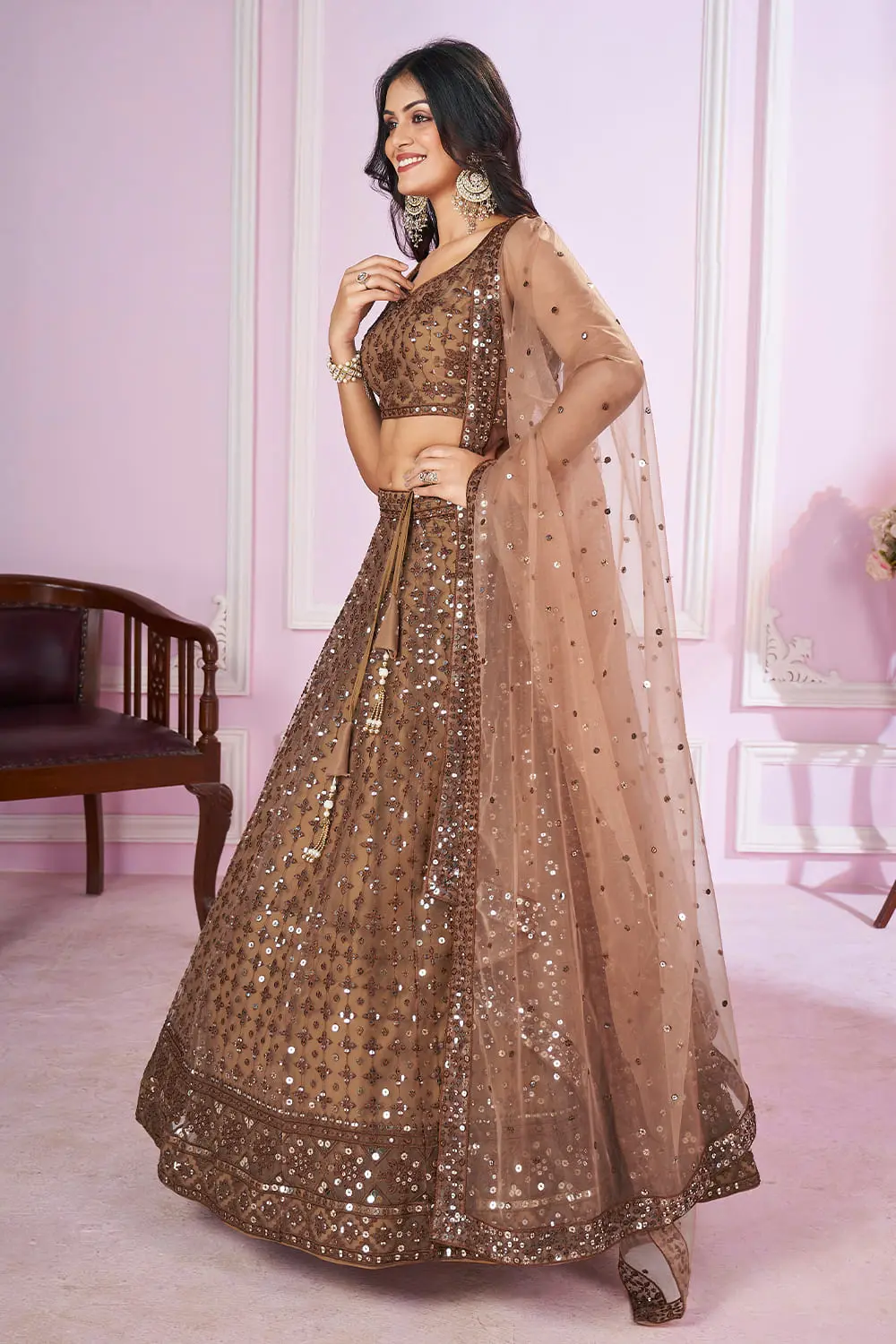 Dupatta close up featuring zari border and thread work on pure soft net fabric