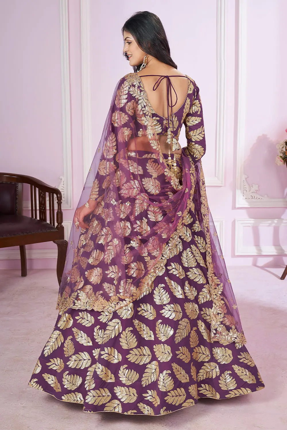 Back view of Purple Floral Lehenga for wedding with dupatta and floral hemline