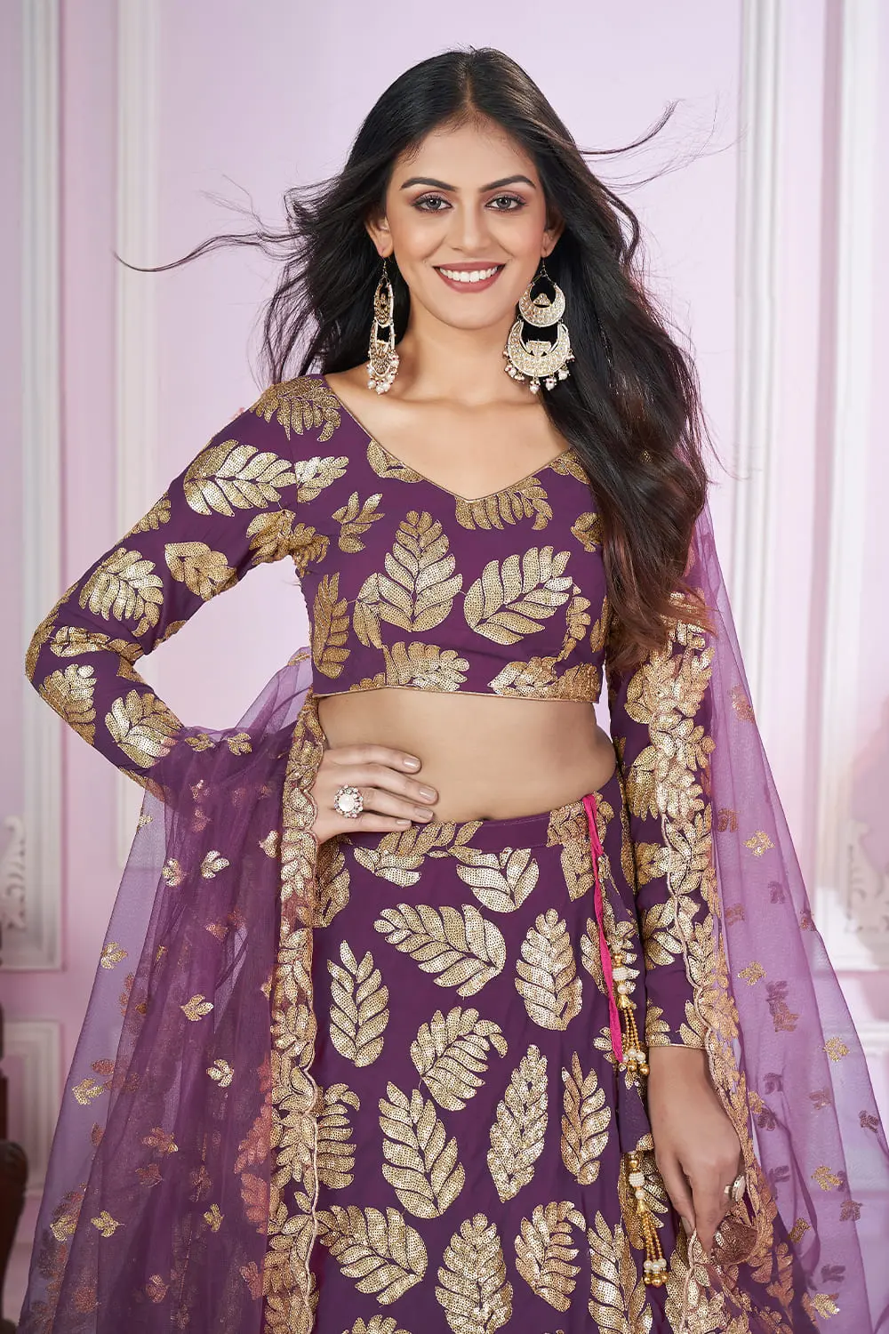 Close up of sequin flower and thread vine embroidery on Purple Floral Lehenga georgette blouse