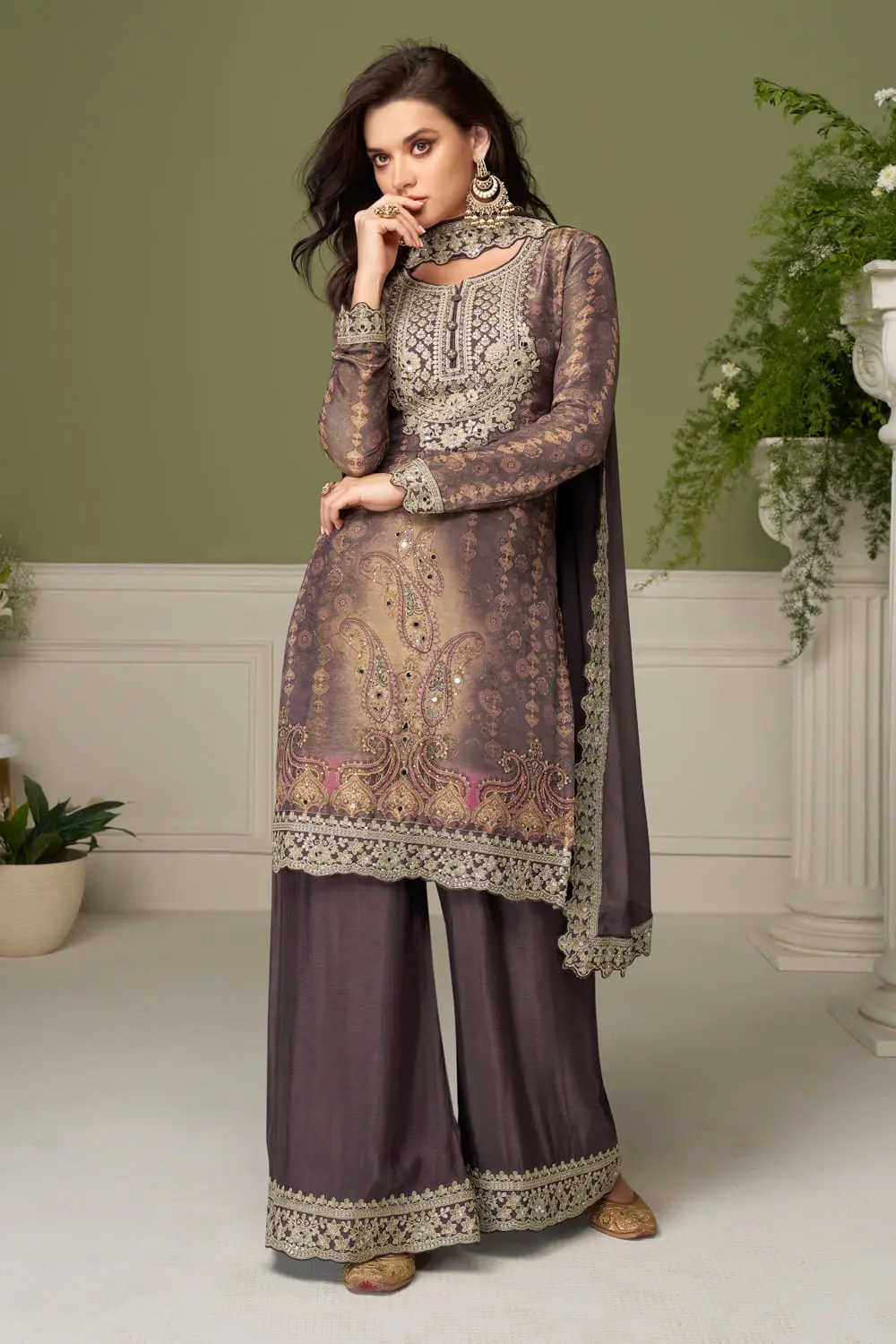 Coffee Brown Kurta Set – Real Chinon Digital Anarkali Kurta with Palazzo & Dupatta Coffee Brown Kurta Set – Real Chinon Digital Anarkali Kurta with Palazzo & Dupatta