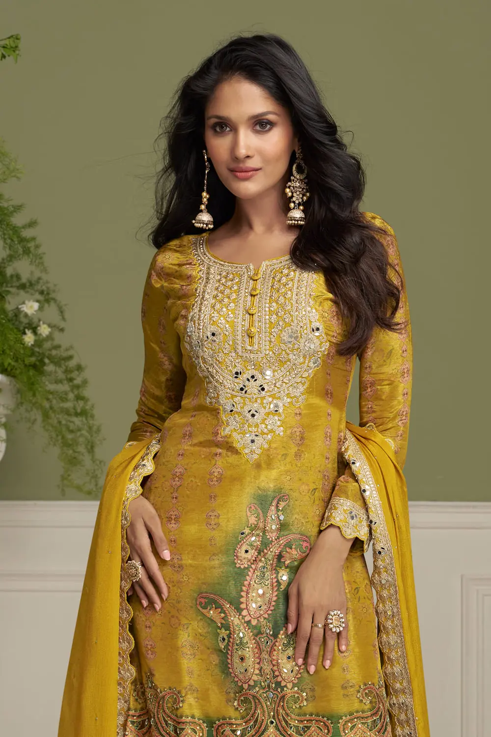 Close-up of digital print on mustard yellow kurta set