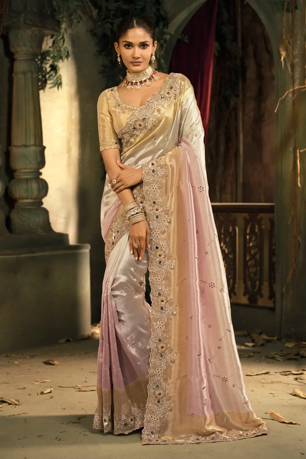 Cream pure silk saree full drape front view with pink ombré gradient