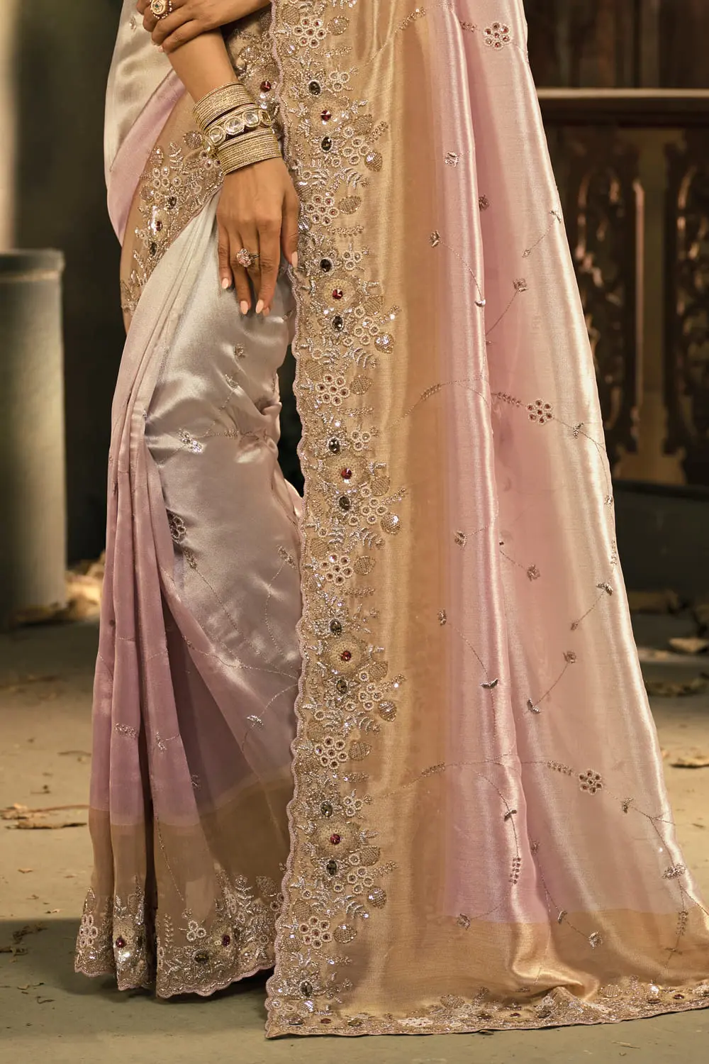 Cream to pink ombré pure ziraf silk saree with blouse piece flat lay