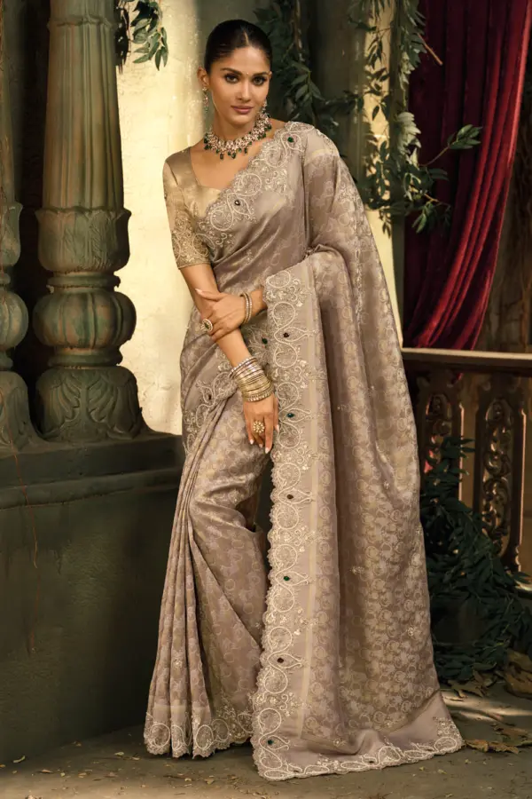Chocolate Silk Saree with heavy Jari and Moti embroidery – Khaish