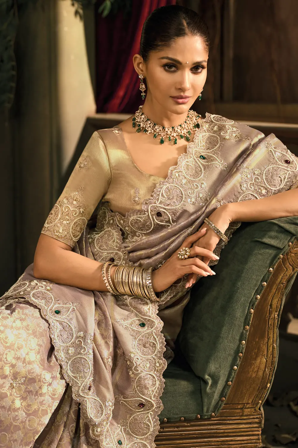 Close-up of Cut-Dana and Emerald embroidery on pure Ziraf Chocolate Silk Saree
