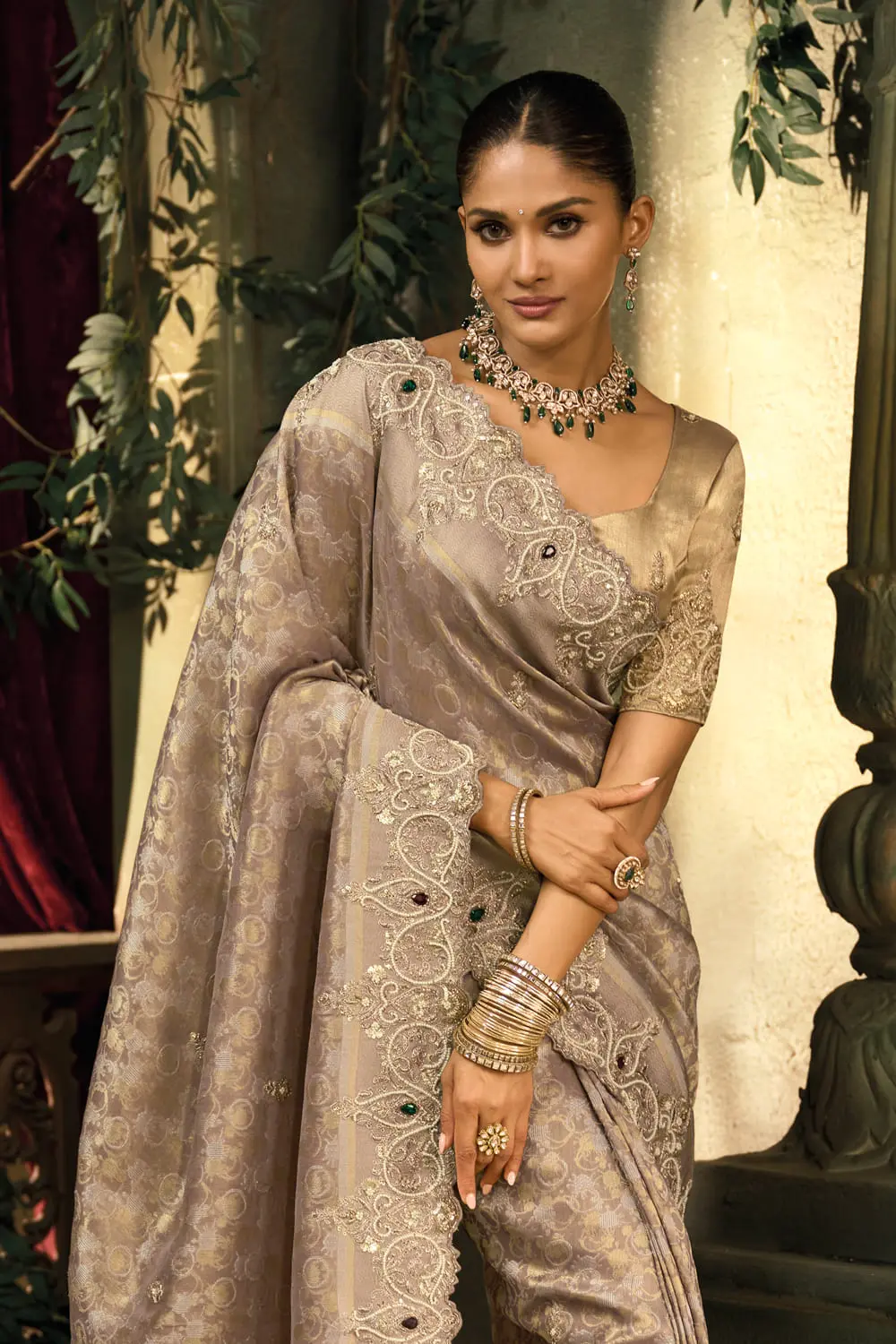 Chocolate Silk Saree draped view showing Jari work and fabric texture