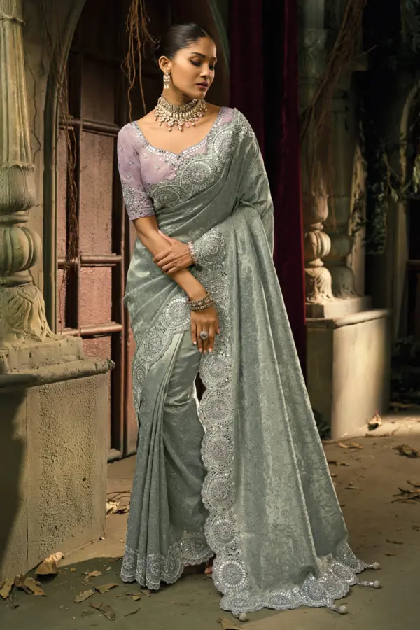 Grey Sarees online - full drape of pure Kanjipuram silk with Lukhnovi work