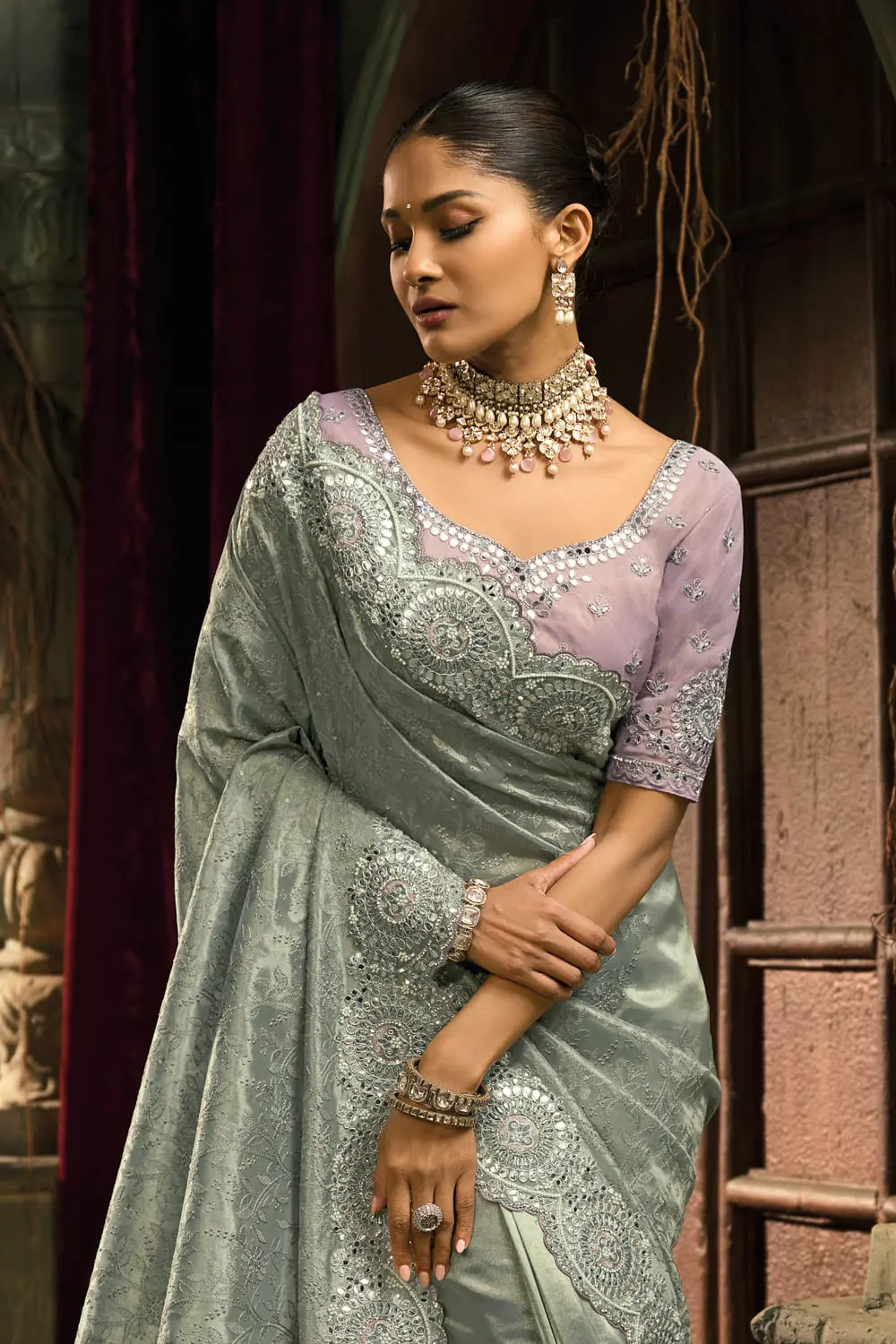 Grey Sarees online - mirror work sparkling under light