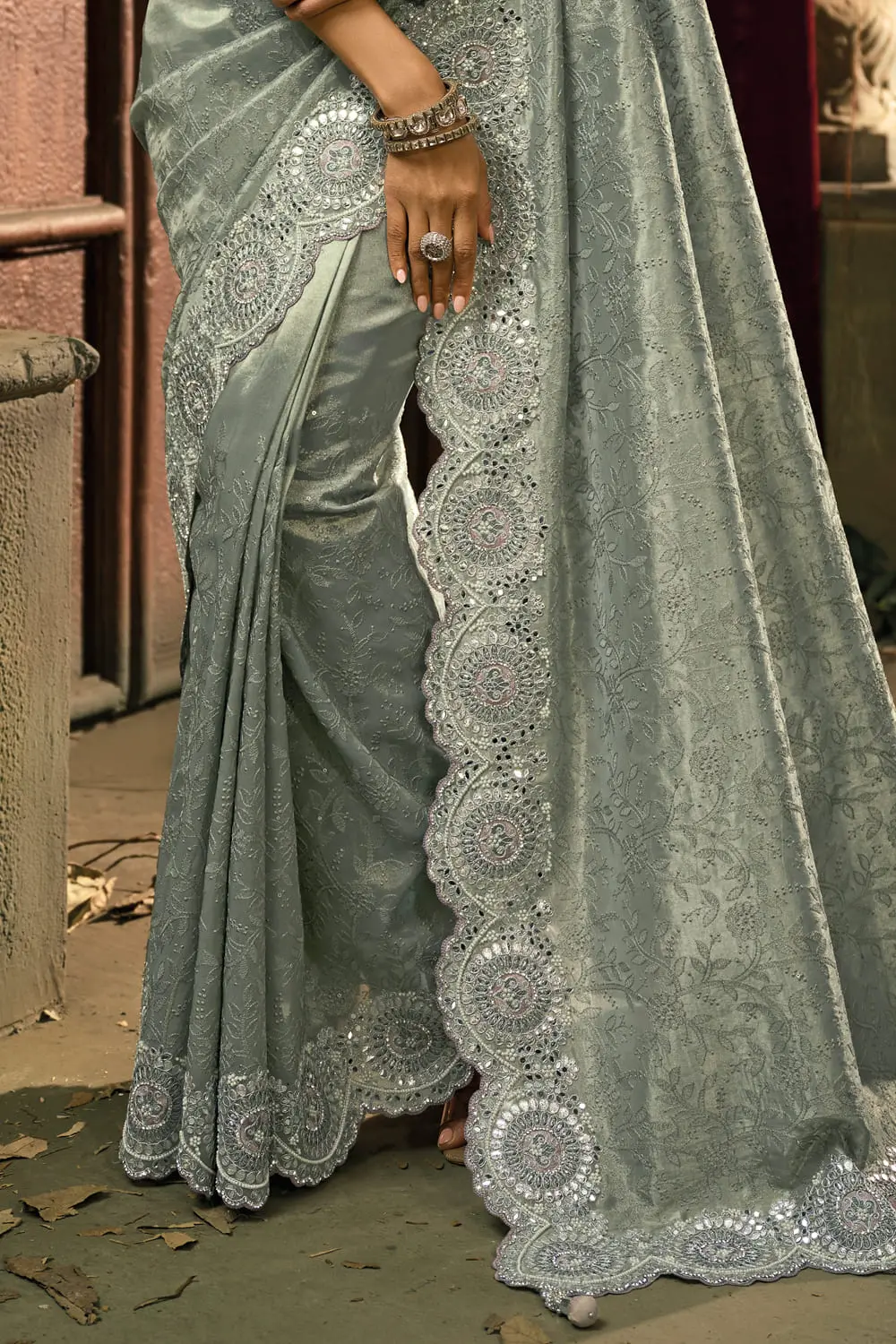 Back view of Grey Sarees online showing heavy Lukhnovi embroidery