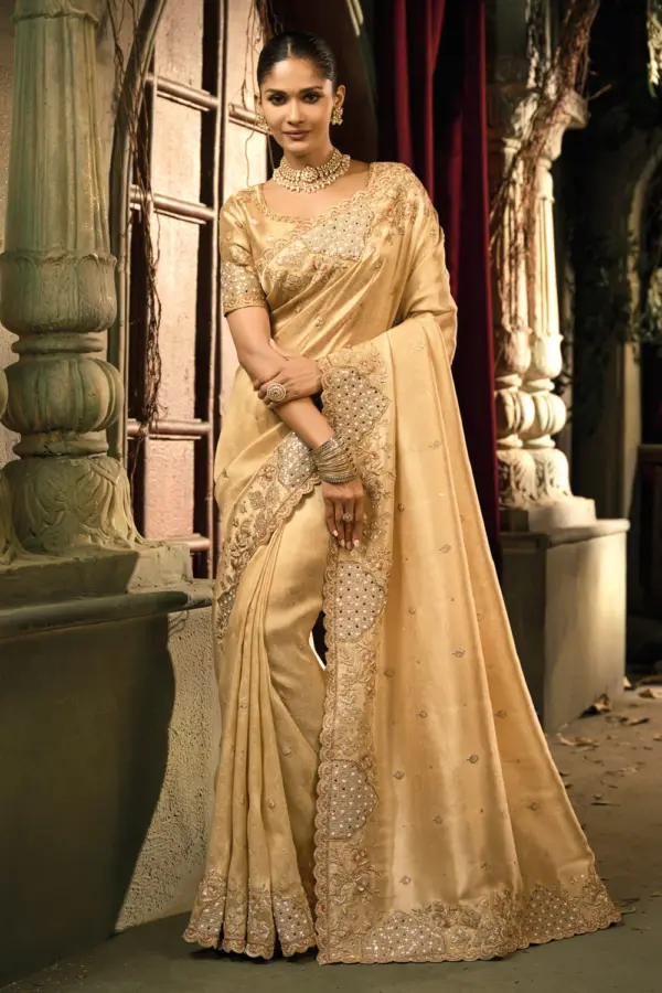 Gold banarasi silk saree full drape with jari border and pallu