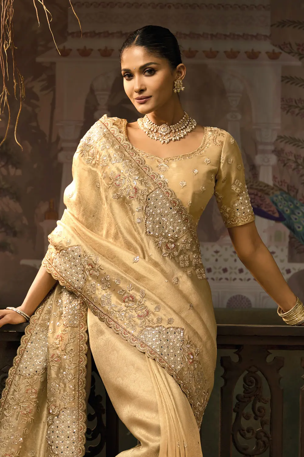 Close-up of cut-dana and moti work on Gold banarasi silk saree