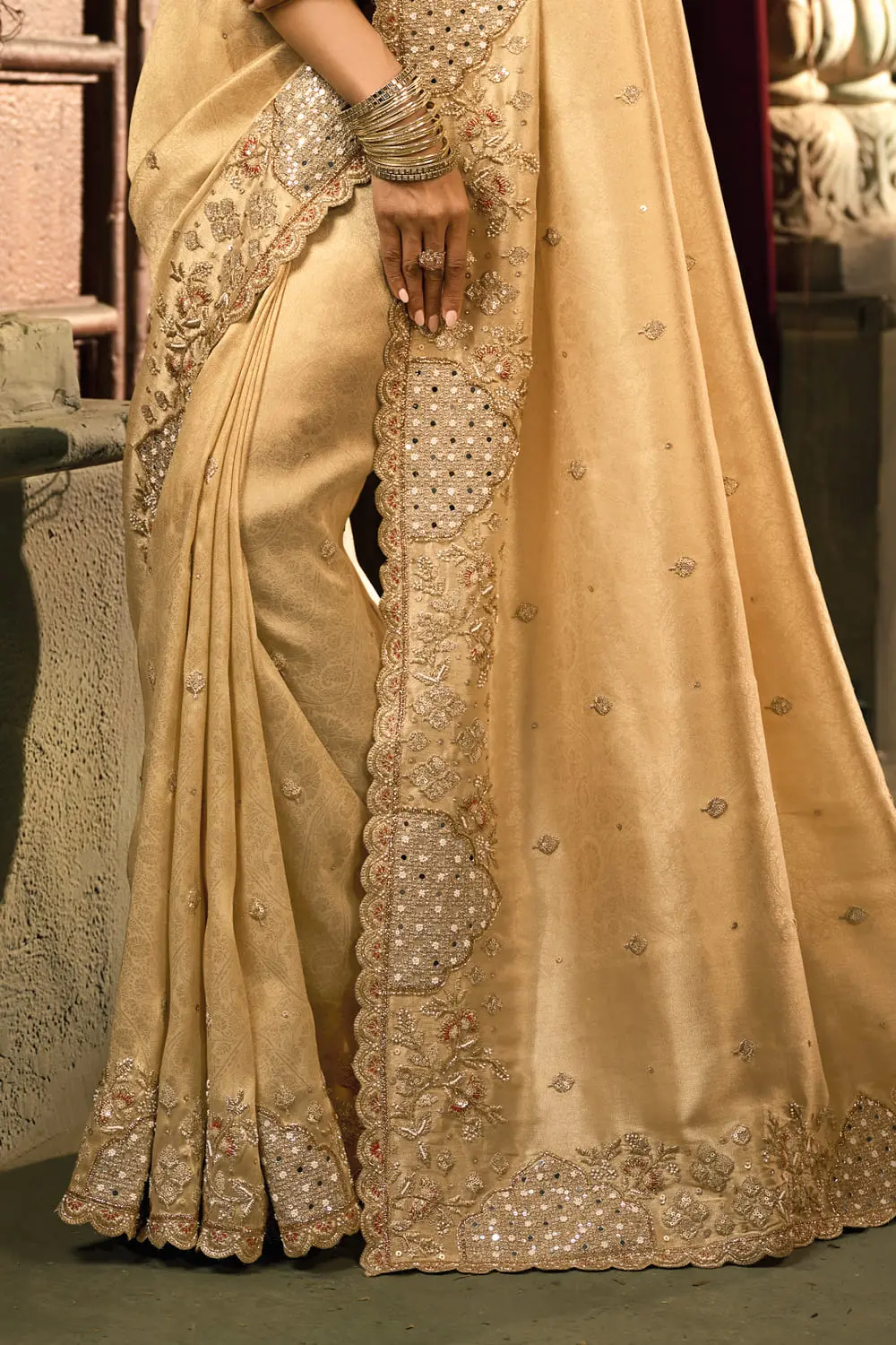 Natural light shot of Gold banarasi silk saree with mirror sparkle