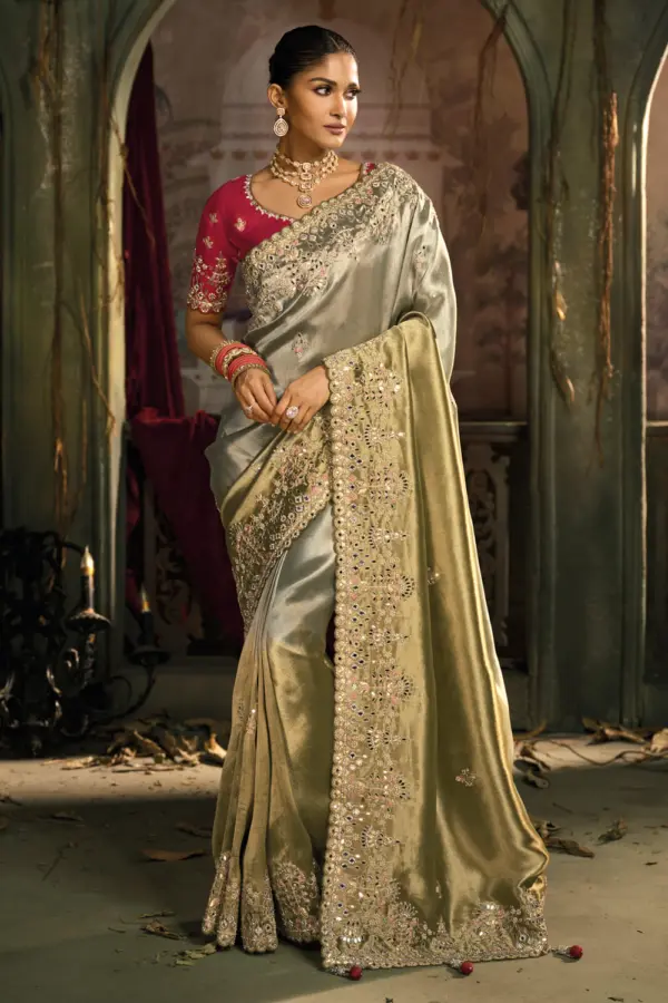 Olive Green banarasi silk saree full drape with jari and jarkhan border