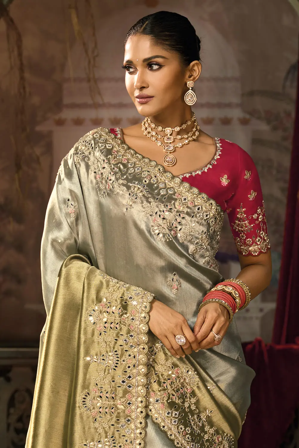 Olive Green banarasi silk saree folded showing heavy work on body and border