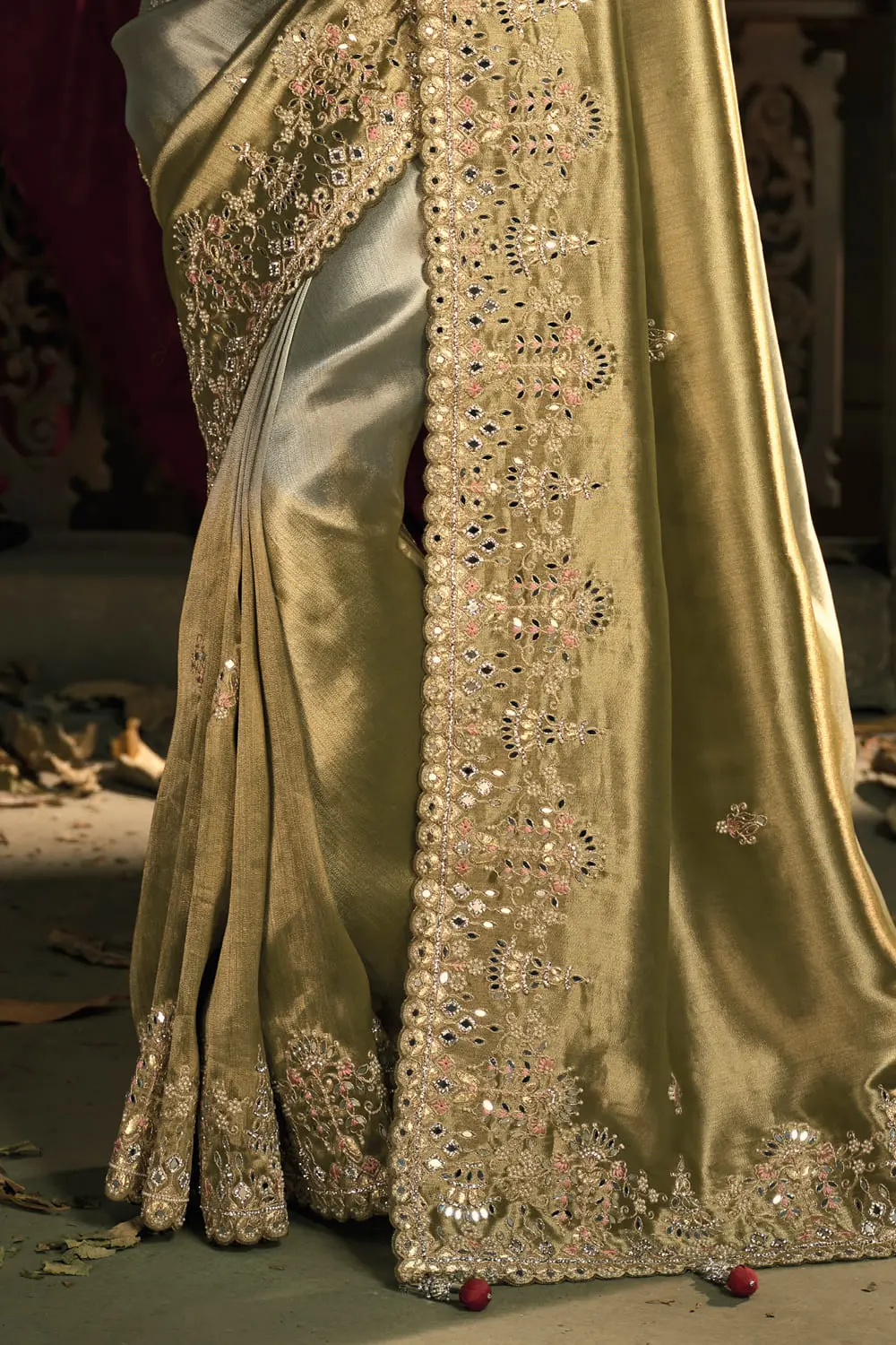 Blouse piece and soft silk texture of Olive Green banarasi silk saree