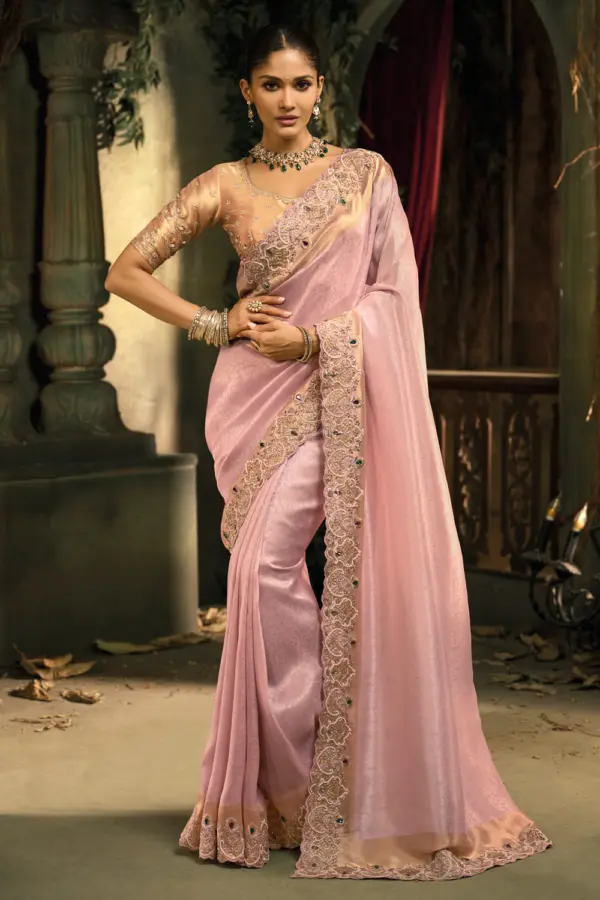 Pink Indian Wedding Saree full drape with jari border and emerald stones