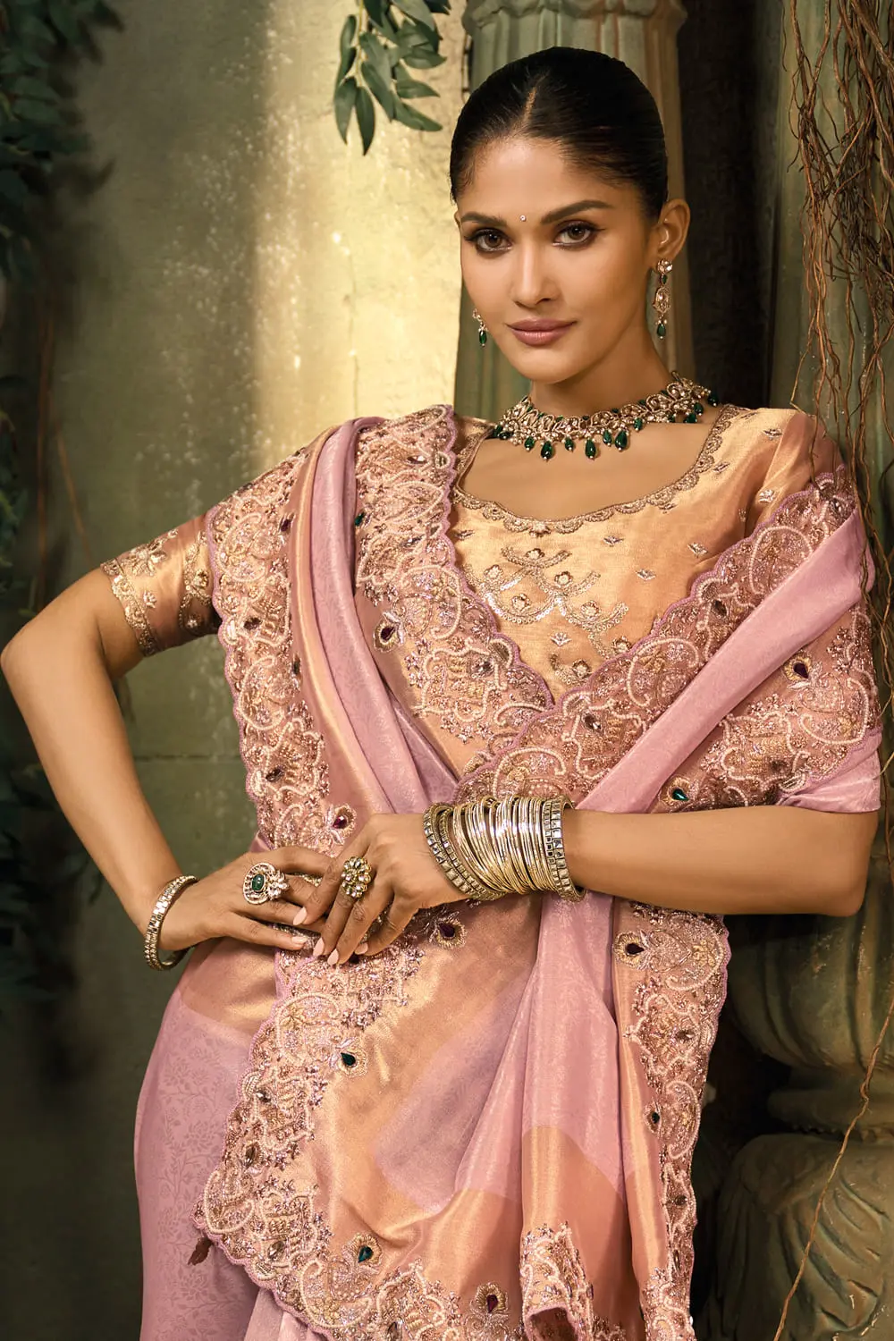 Close-up of moti and cut-dana on Pink Indian Wedding Saree pallu