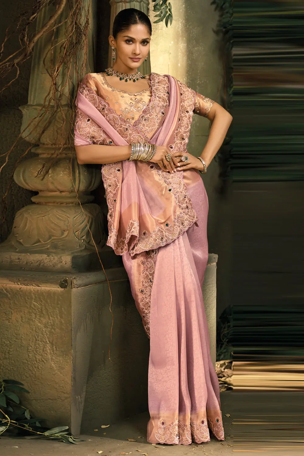 Real emerald stone work on pink silk – Pink Indian Wedding Saree