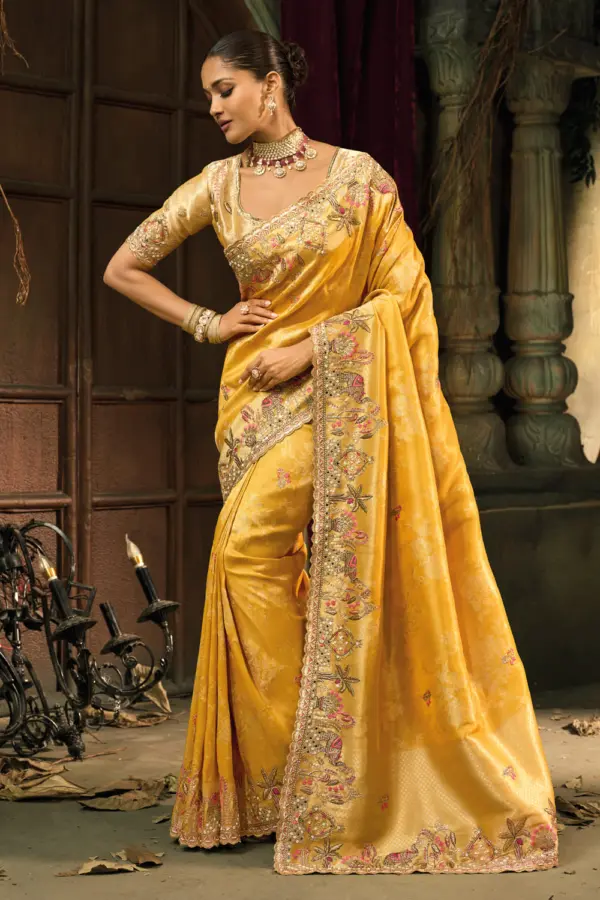Mustard Pure Silk Saree full drape with jari border and thread work