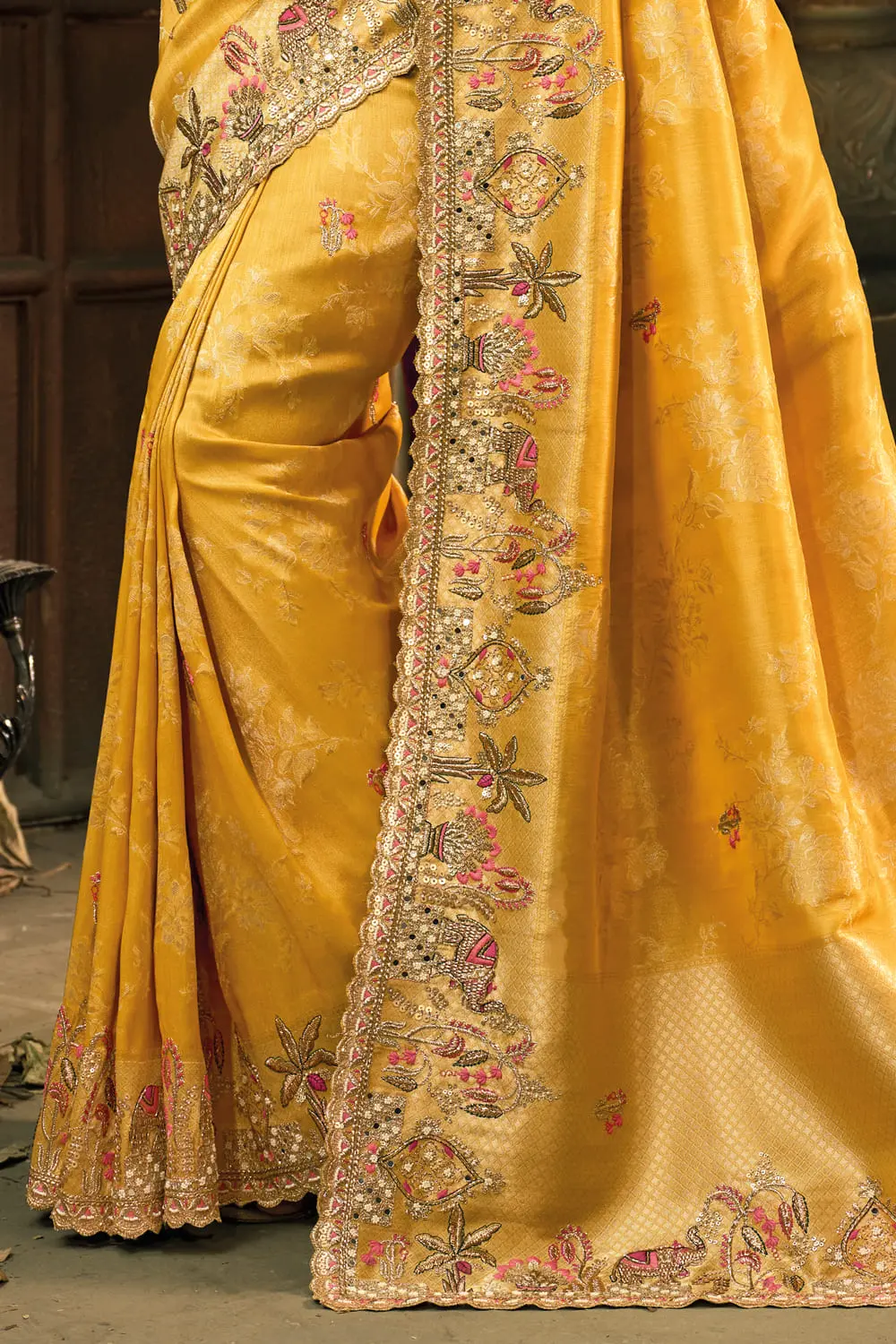Blouse piece and fabric close-up of Mustard Pure Silk Saree