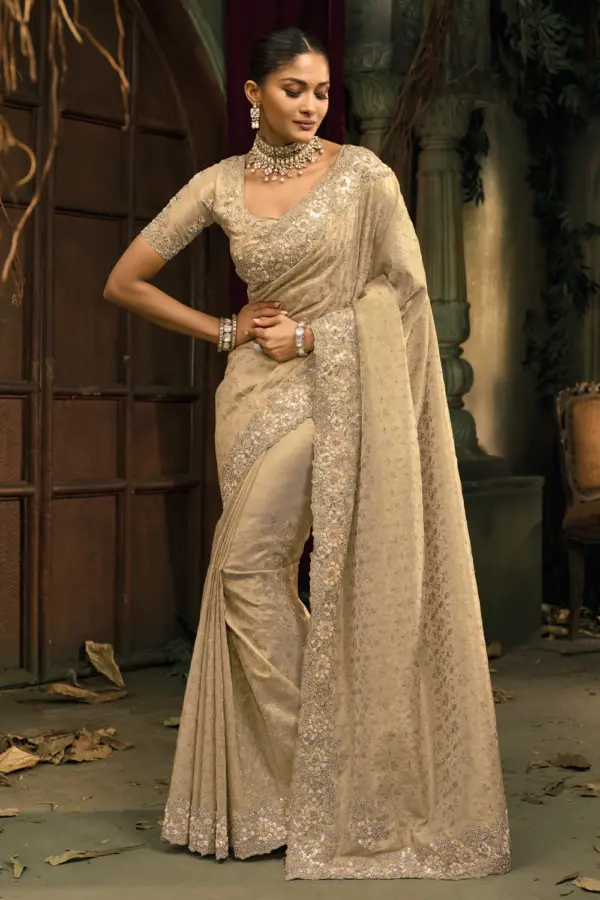 Cream kanjivaram silk saree full drape with jari border and Lukhnovi work