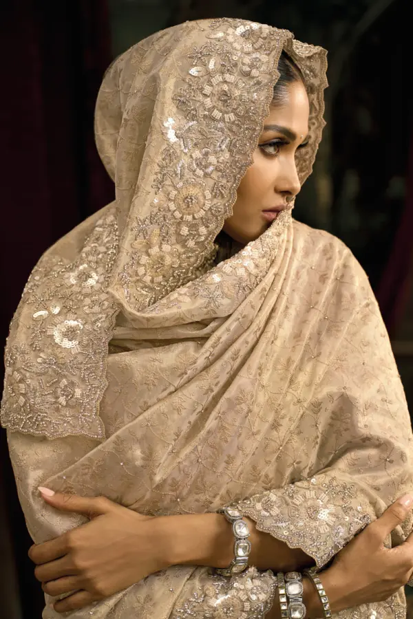 Close-up of cut-dana and jarkhan on Cream kanjivaram silk saree pallu