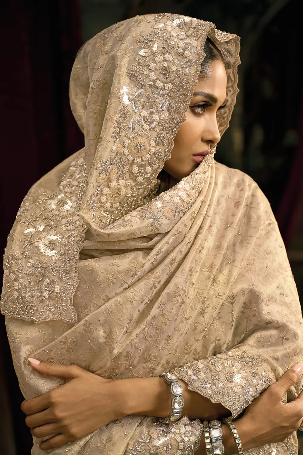 Close-up of cut-dana and jarkhan on Cream kanjivaram silk saree pallu