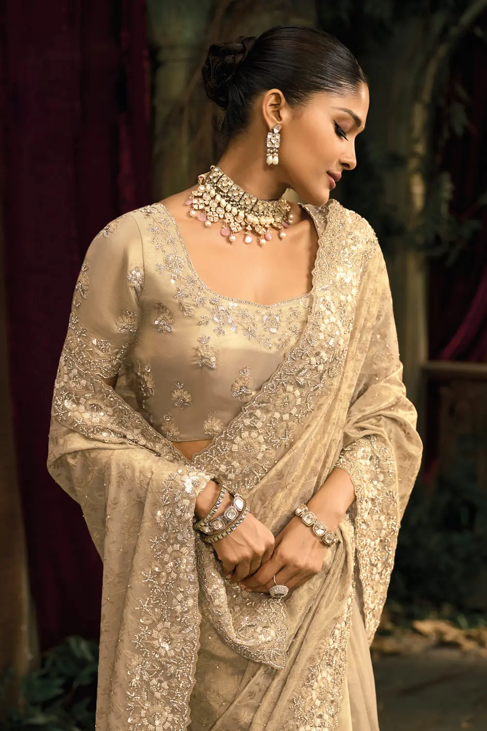 Lukhnovi embroidery detail on cream silk saree with jari contrast