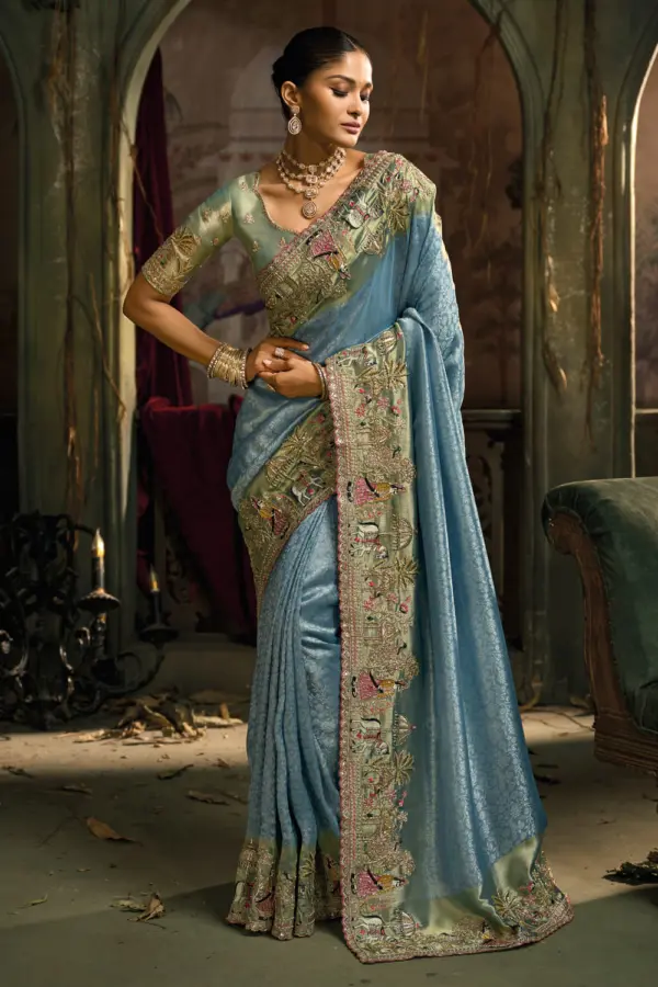 Full drape of Sea Green banarasi saree showing jari border and moti work on pallu