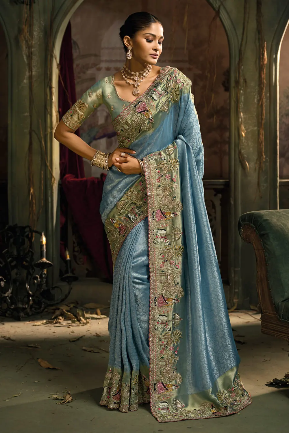 Stunning Sea Green Banarasi Saree – Jari, Thread, Cut-Dana & Moti Heavy Work Stunning Sea Green Banarasi Saree – Jari, Thread, Cut-Dana & Moti Heavy Work