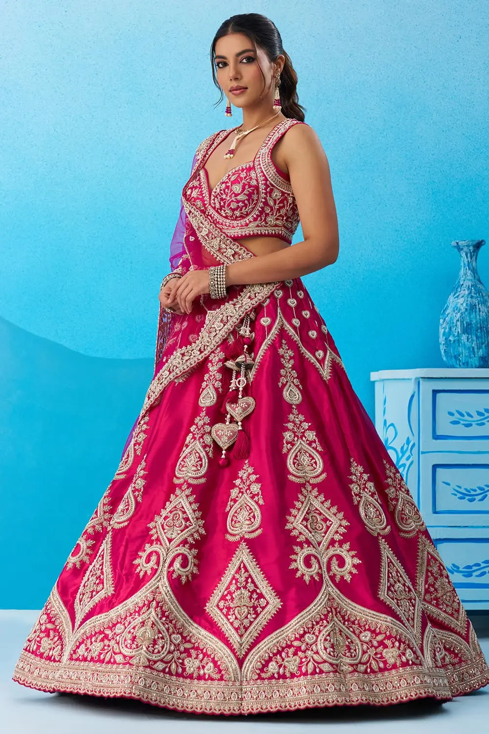 Front view of Pink Banarasi Lehenga set