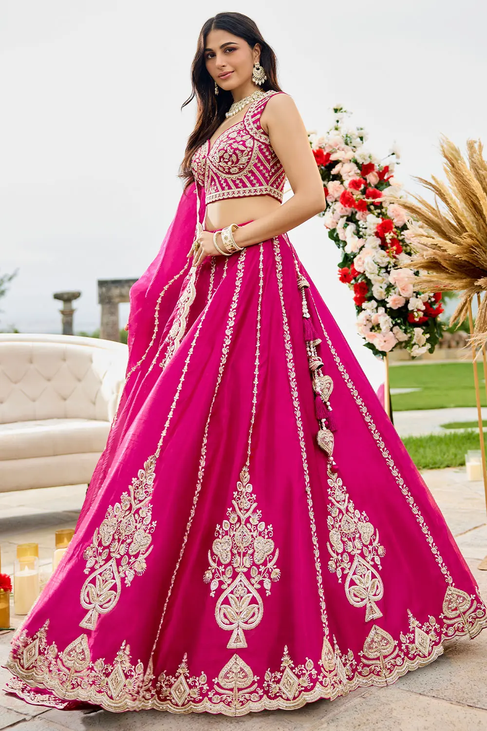 Silk dupatta with heavy coding and embroidered cutwork – part of hot pink lehenga set