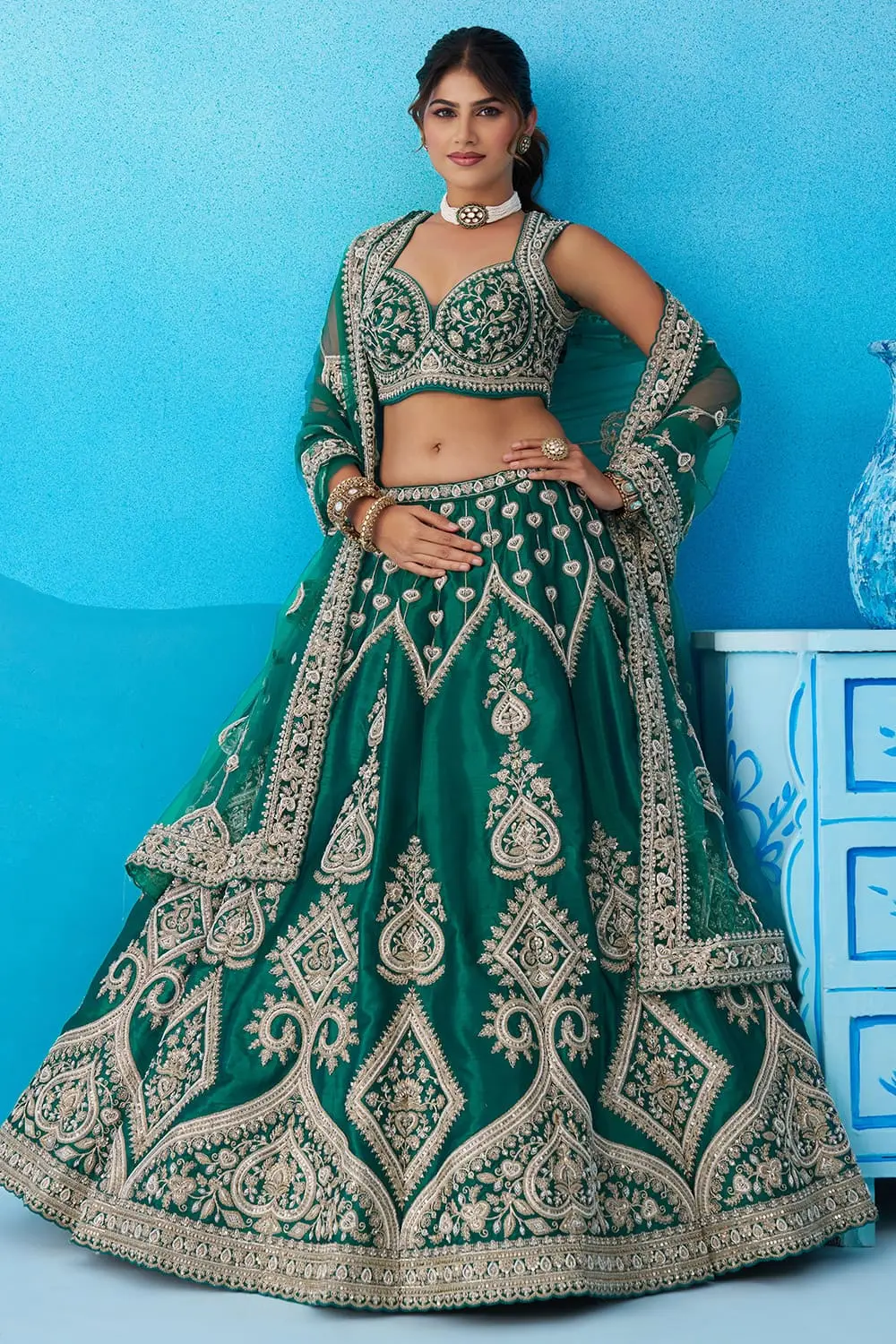 Teal Blue Banarasi Silk Lehenga Set with Sequins & Cut-Work Border Teal Blue Banarasi Silk Lehenga Set with Sequins & Cut-Work Border