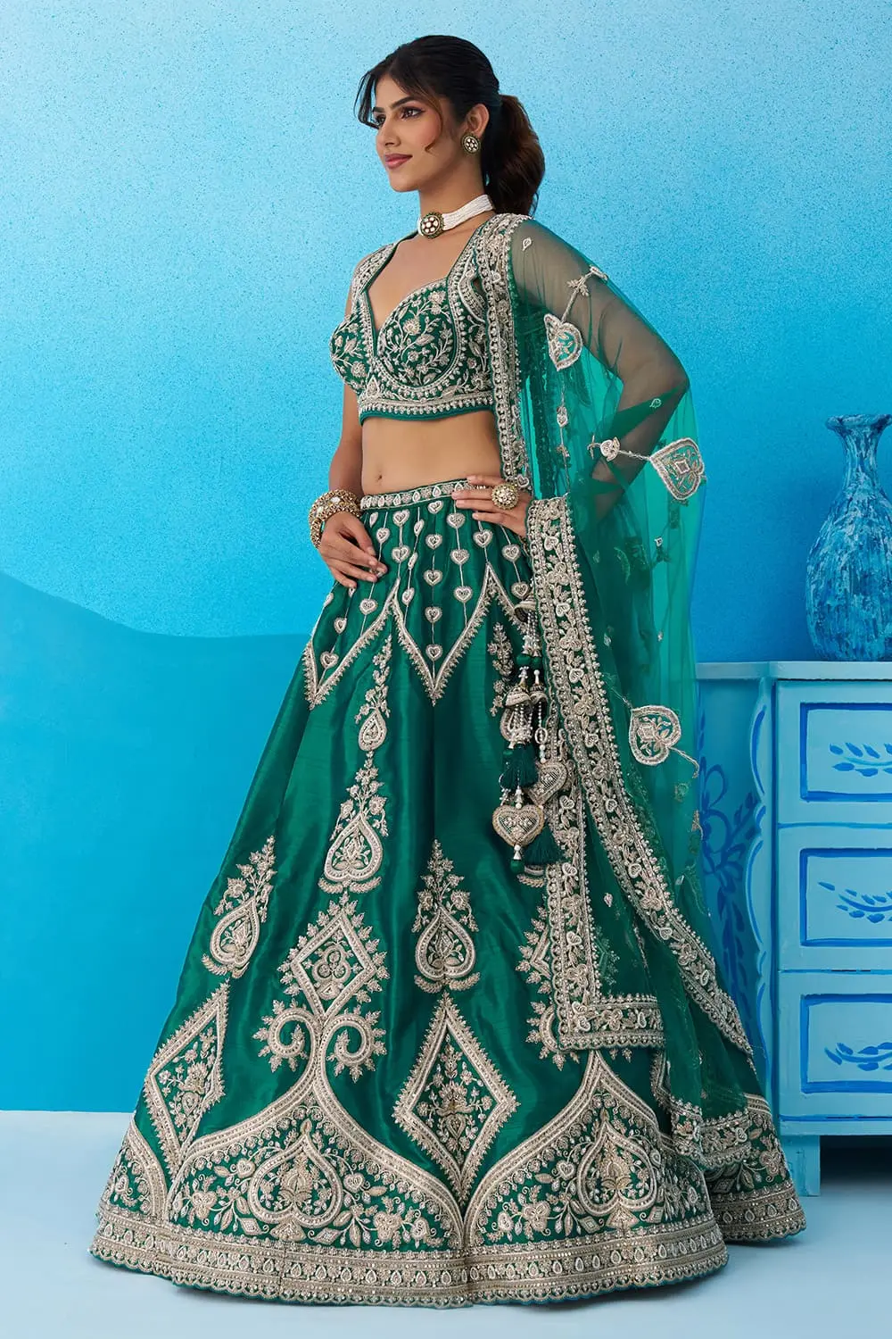 Teal Blue Banarasi Silk Lehenga dupatta with colourful embroidery and fall