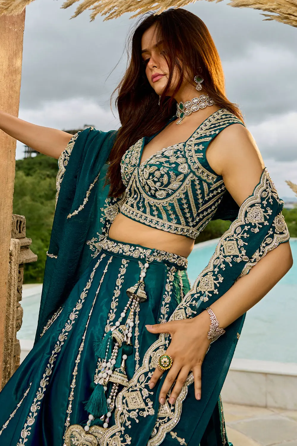 Teal blue lehenga dupatta with heavy coding and embroidered cutwork border