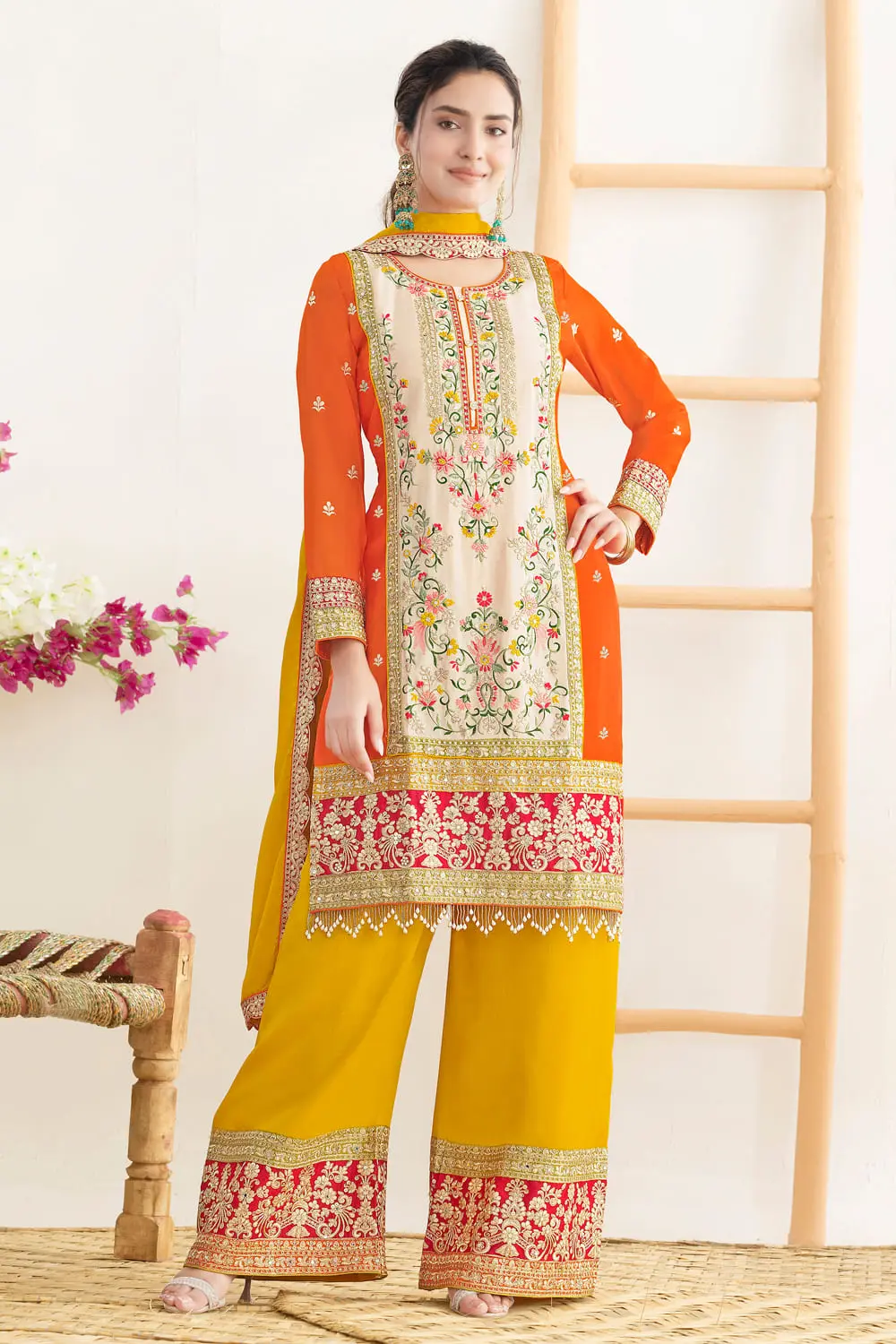 Embroidered chinon palazzo and four-side lace dupatta in orange multi