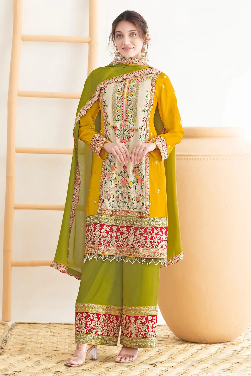 Green Mirror Work Kurta Set with Palazzo and Dupatta — Handcrafted Chinon with Dabka Dori Green Mirror Work Kurta Set with Palazzo and Dupatta — Handcrafted Chinon with Dabka Dori