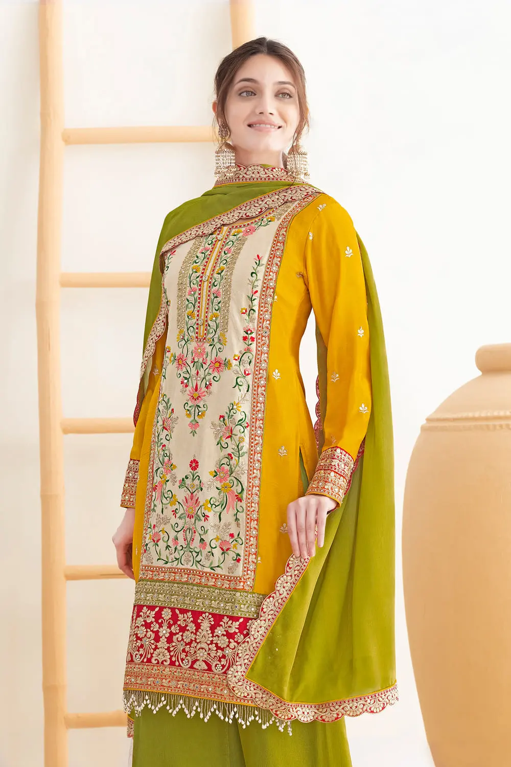 Embroidered green chinon palazzo with four side lace dupatta