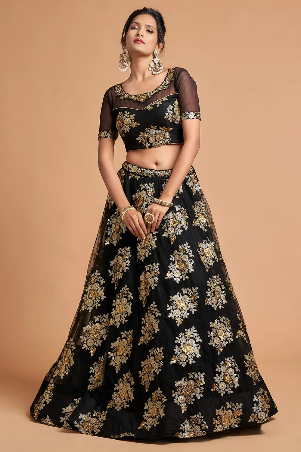 Black Soft Net Lehenga blouse design with deep back and tie-up detail.