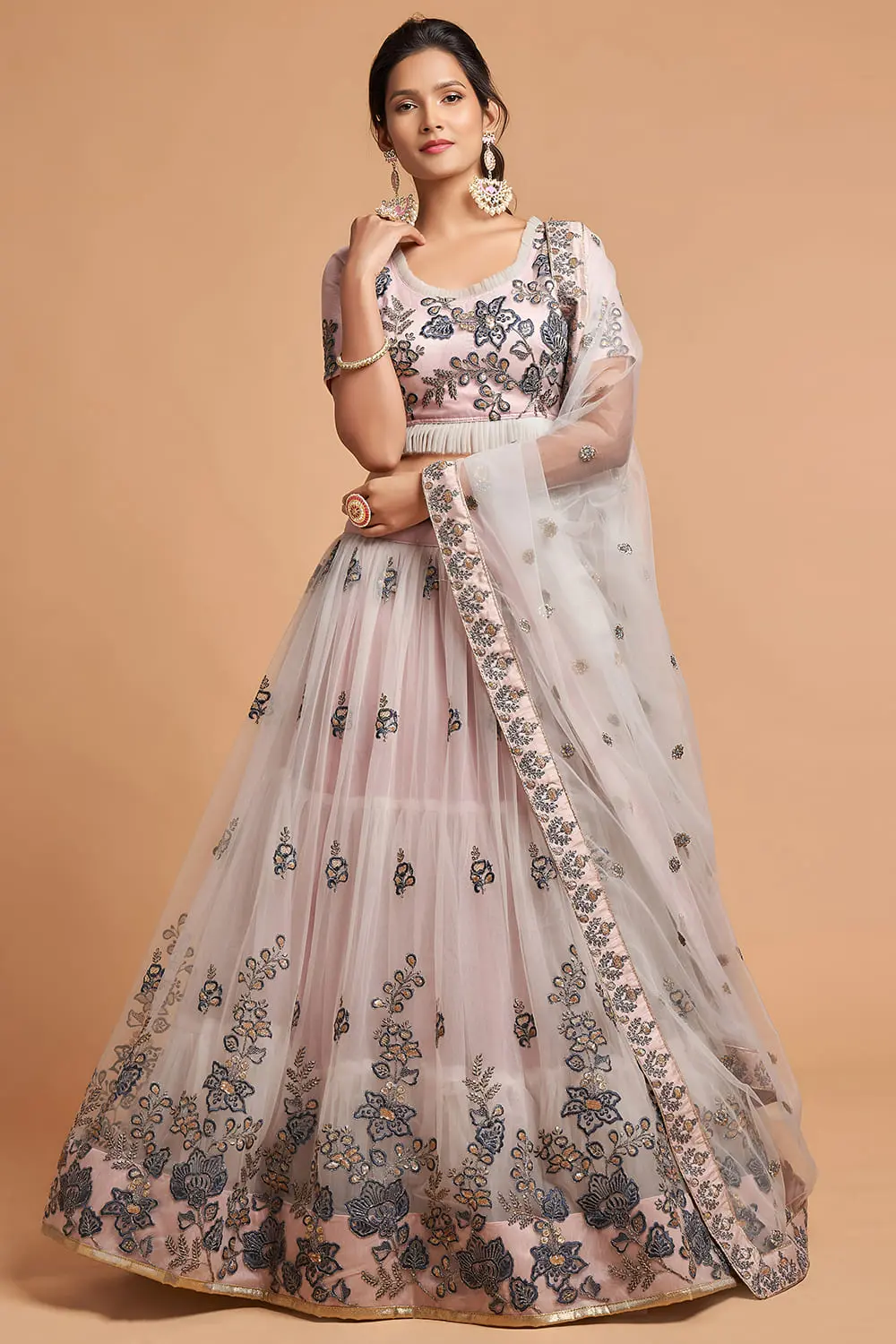 Grey Soft Net Lehenga Set | Embroidered Party Wear Lehenga Choli with Long Sleeves Blouse Grey Soft Net Lehenga Set | Embroidered Party Wear Lehenga Choli with Long Sleeves Blouse