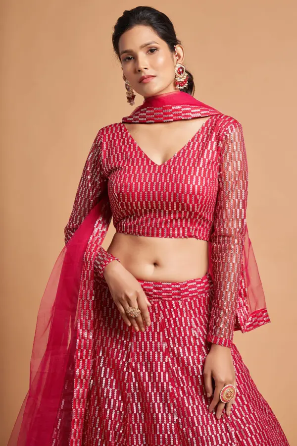 Close-up of sequin and zari detail on the Pink Net Lehenga’s three-layer skirt.
