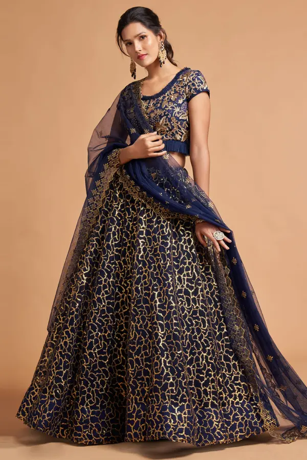 Front view of the Navy Blue Net Lehenga with full-sleeved soft net blouse and zari sequin detailing.