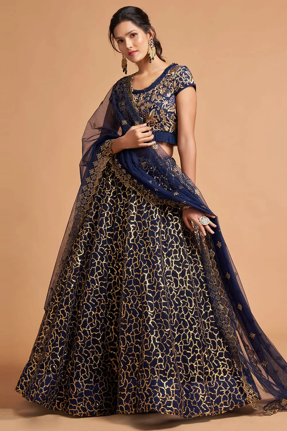Navy Blue Net Lehenga Set | Soft Net Blouse & Zari Sequins Party Wear Lehenga Choli Navy Blue Net Lehenga Set | Soft Net Blouse & Zari Sequins Party Wear Lehenga Choli